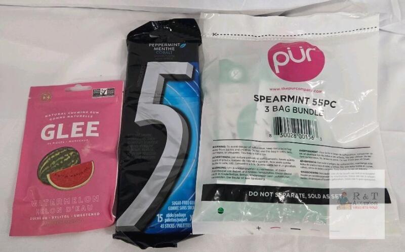 ASSORTED CHEWING GUM LOT: GLEE Watermelon 55pc, 5 Gum Peppermint 45ct, PUR Spearmint 3x55pc