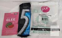 ASSORTED CHEWING GUM LOT: GLEE Watermelon 55pc, 5 Gum Peppermint 45ct, PUR Spearmint 3x55pc