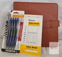 Office Supplies Set: Brown Organizer Binder/ Photo album, Blueline Sales Book 50 Duplicates, Zebra Sarasa Pens