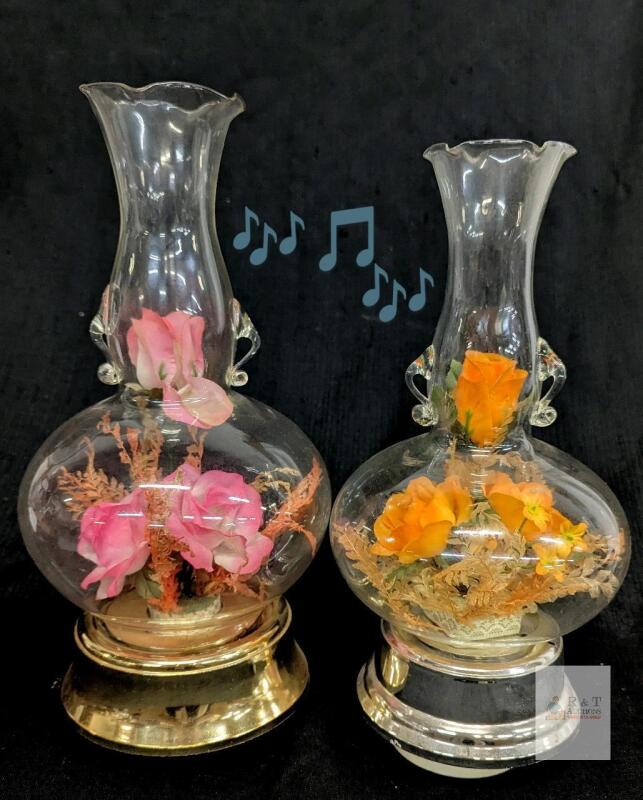 Pair Vintage Glass Music Box Lamps Vases, Pink & Orange Flowers, Wind-Up Tested, 11" Tall