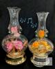 Pair Vintage Glass Music Box Lamps Vases, Pink & Orange Flowers, Wind-Up Tested, 11" Tall