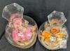 Pair Vintage Glass Music Box Lamps Vases, Pink & Orange Flowers, Wind-Up Tested, 11" Tall - 2