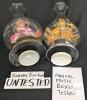 Pair Vintage Glass Music Box Lamps Vases, Pink & Orange Flowers, Wind-Up Tested, 11" Tall - 4