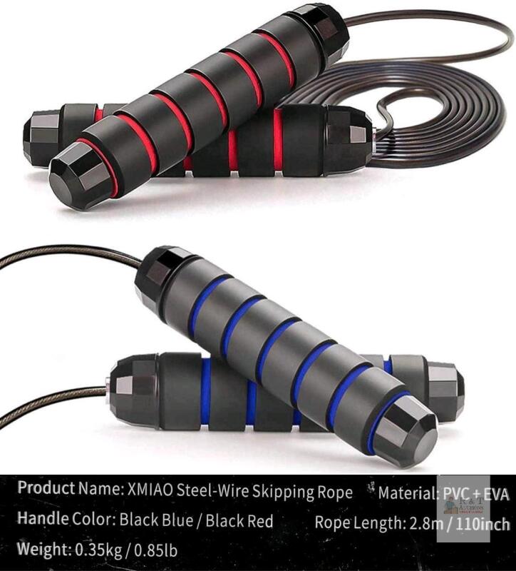 NEW XMIAO Steel-Wire Jump Rope, 110" PVC & EVA, Adjustable, 0.85lb, Black/Blue or Black/Red, Ball Bearings