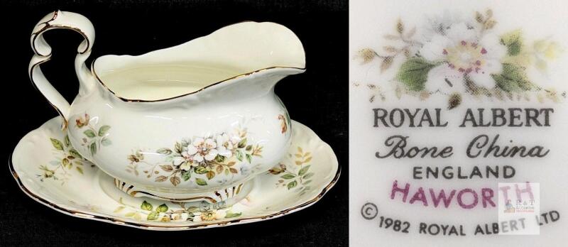Royal Albert Haworth Bone China Gravy Boat & Underplate, England, 1982, Gold Trim, Floral Pattern
