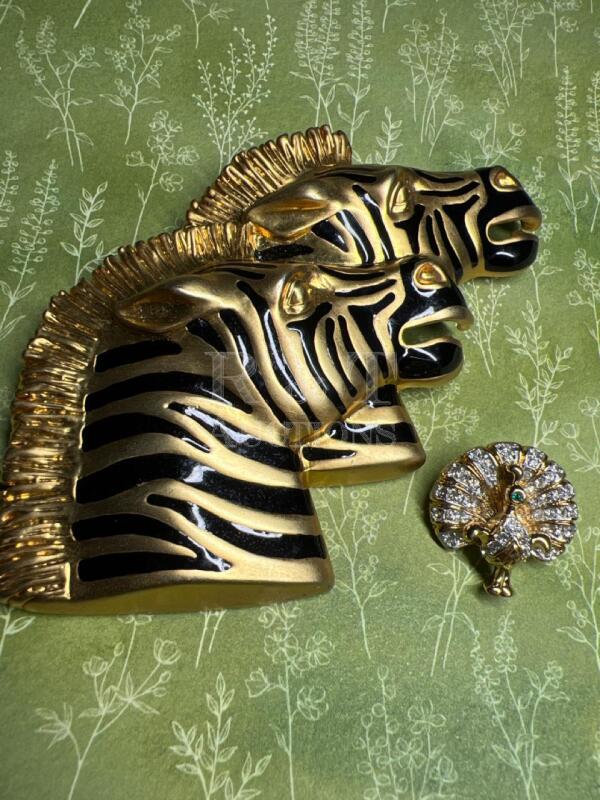 Statement double Zebra Brooch + demure Rhinestone Peacock Brooches
