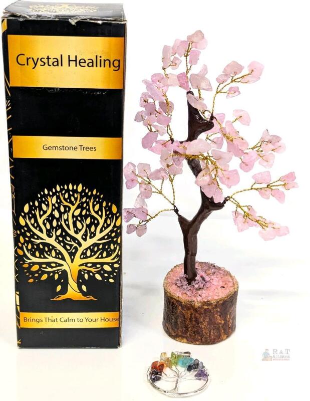 NEW Rose Quartz Gemstone Tree 4.5" with Chakra Crystal Pendant, Crystal Healing Decor, Boxed