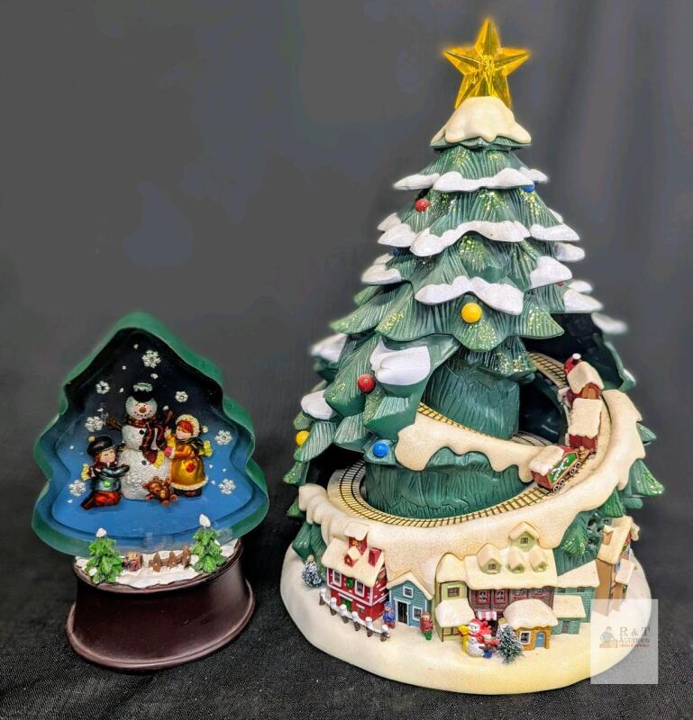 Animated Lighted Christmas Tree Village w/ Rotating Train & Tree Snowman Scene, 12.3" & 7"
