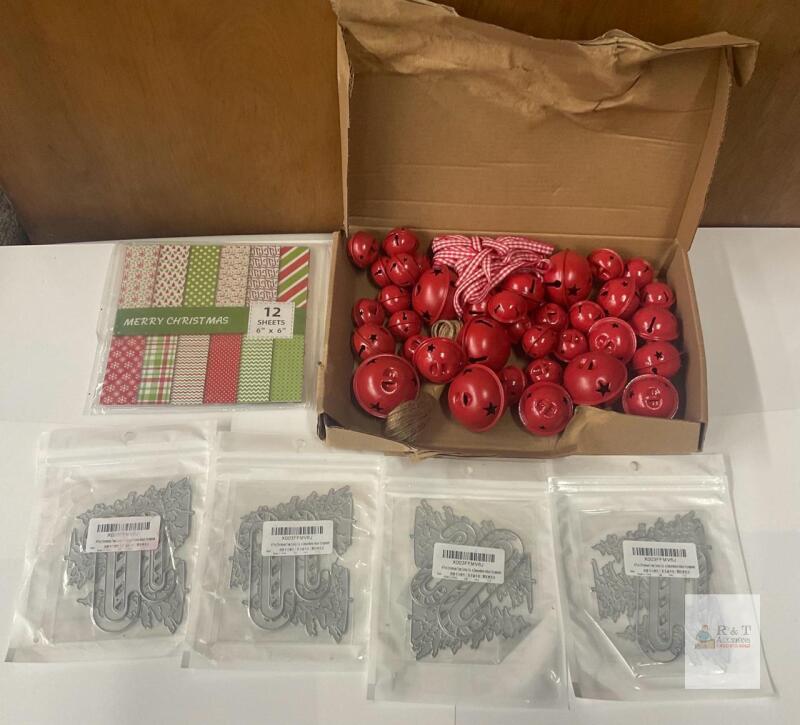 NEW Christmas Crafting Lot &ndash; Red Metal Jingle Bells, 12pc 6"x6" Paper, 4x4&rdquo; Die Cuts X003FFMV6J