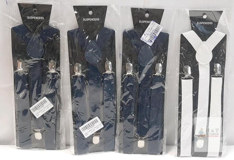 4 NEW Y-back Adjustable Clip Suspenders, Elastic Polyester, 1 Inch Width, Navy & White, Unisex Adult, New
