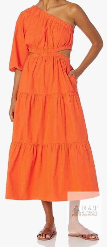 NEW The Drop Monica One-Shoulder Cut-Out Midi Dress XXL Orange, Puff Sleeve, 100% Cotton, Pockets