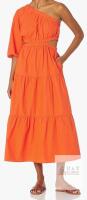 NEW The Drop Monica One-Shoulder Cut-Out Midi Dress XXL Orange, Puff Sleeve, 100% Cotton, Pockets