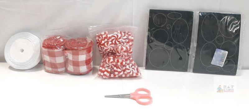 DIY Holiday Craft Lot: Faux Peppermint Candy, Gingham Ribbon, Sticker Sheets, Scissors Kit
