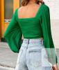 New sz XXL Women's VIDUSSA V Neck Crop Top Lantern Long Sleeve Twisted Front Smocked Casual Shirt Blouse - 2
