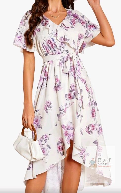New sz Small Women's VIDUSSA Summer Midi Dress - Casual Boho Floral Flutter Sleeve V Neck Ruffle High Low Hem A-Line Flowy Long Sundress
