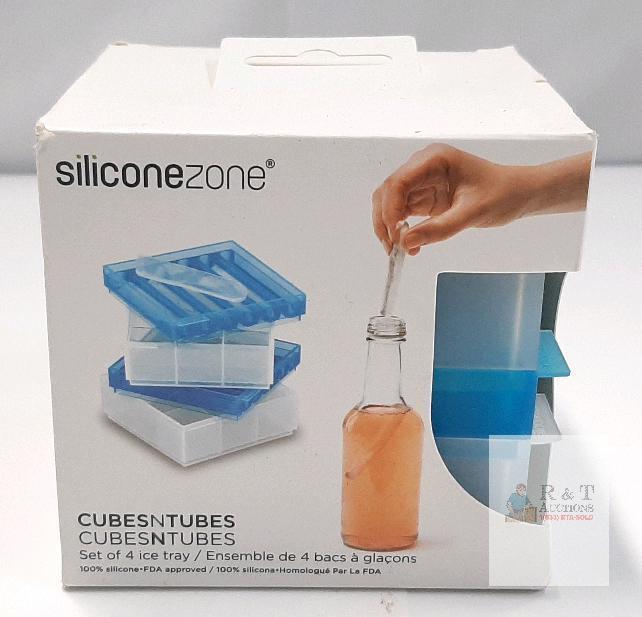 NEW SiliconeZone CubesNTubes Silicone Ice Tray Set, 4 Stackable Trays, Cube and Tube, FDA Approved