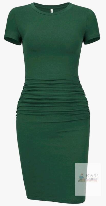 New sz Large Women's Laughido Ruched Casual Plain Sundress Short Sleeve Knee Length Sheath Bodycon T Shirt Dress
