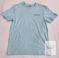 NEW sz 7/8 Kid's O'Neill Light Blue Graphic T-shirt, Pelican Surf Co Back Print, Crew Neck, Cambodia Made
