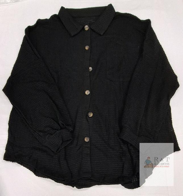 NEW Black Long Sleeve Button-Up Shirt 2XL, Polyester/Elastane, Made in China, Waffle Texture, 127