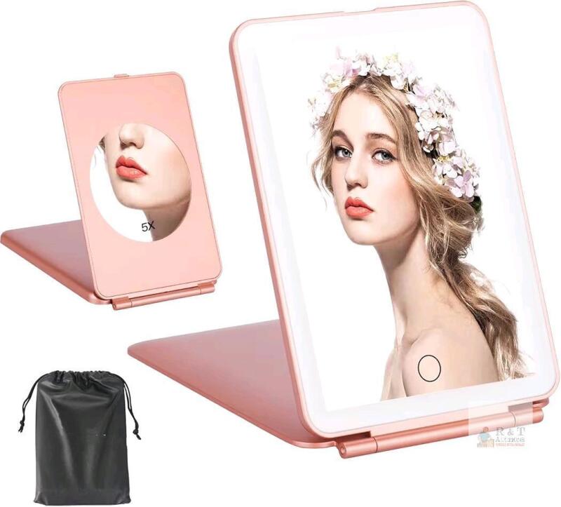 New LED Travel Mirror with 5x Magnification, Folding Lighted Makeup Mirror 3 Colors Light Modes, Rechargeable Portable Ultra Thin Compact Vanity Mirror