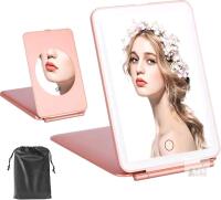 New LED Travel Mirror with 5x Magnification, Folding Lighted Makeup Mirror 3 Colors Light Modes, Rechargeable Portable Ultra Thin Compact Vanity Mirror