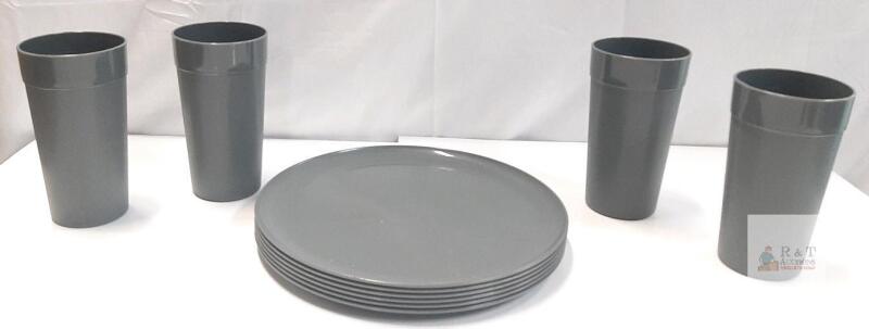 NEW 10-Piece Plastic Dinnerware Set&mdash;6 Gray 10.25" Plates, 4 Tumblers, Stackable, Modern Style