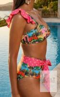 NEW Sporlike XL Women's Bikini Set, High-Waisted, Ruffled Straps, Tropical Print, Polka Dot Bow