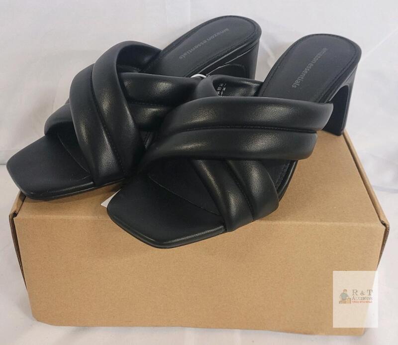 NEW Amazon Essentials Women's Crossover Heeled Sandal Pump, Black Faux Leather, 3.25" Heel, Size 7/38