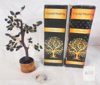 NEW Crystal Healing Black Tourmaline Gemstone Tree 7 in with Chakra Pendant, 2 Boxes, New