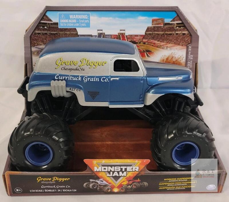 Monster Jam 1:24 Scale Grave Digger Currituck Grain Co. Die-Cast Truck, Blue/Silver, Spin Master