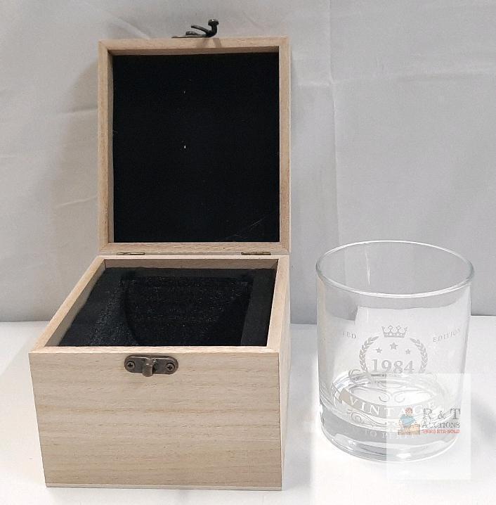 NEW 1984 Vintage Engraved Whiskey Glass with Wooden Gift Box, Old Fashioned Tumbler 10.5oz