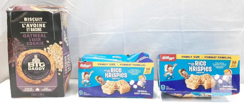 BB APR 25Big Daddy Oatmeal Raisin Cookies 8x100g &BB MAR 25 Kellogg's Rice Krispies Squares Original 2x16 Family Size