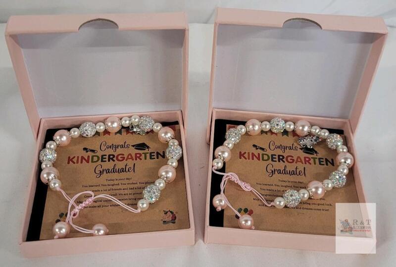 NEW Kindergarten Graduate Gift Bracelet Set &ndash; Pink Pearl, Iridescent Beads, Unicorn Charm, Boxed