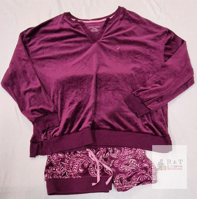 NEW Nautica XL Purple Velour Loungewear Pajama Set: Long Sleeve Pullover & Paisley Print Shorts