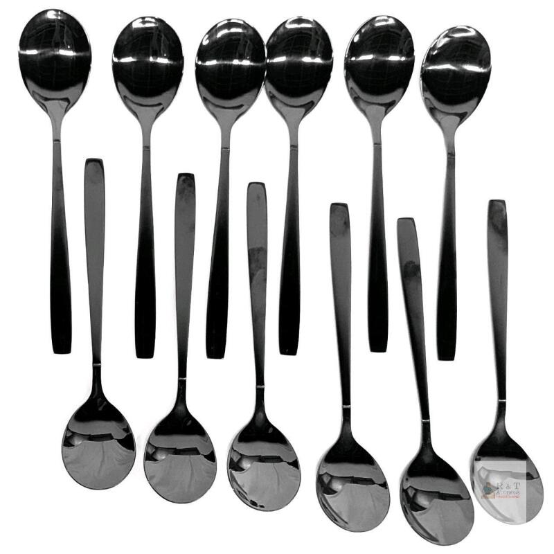 NEW Berglander 12-Piece Black Stainless Steel Teaspoon Set, Mirror Polish, 6.7 Inch Flatware