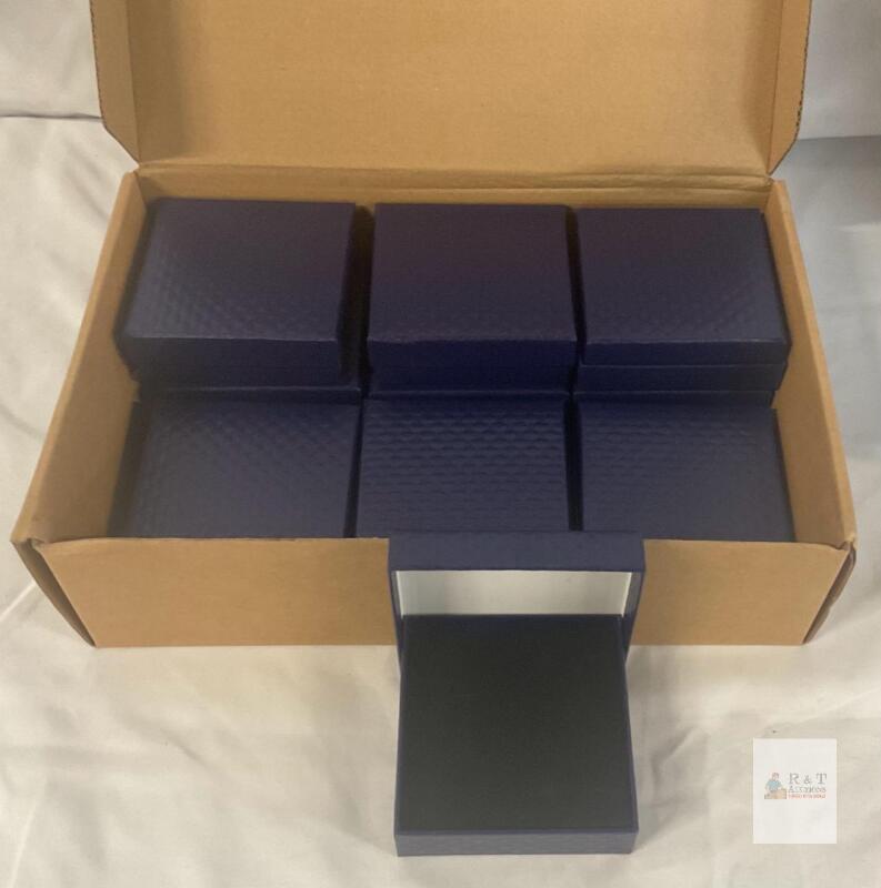 Dark Blue Quilted Square Presentation Boxes, Hinged Lid, Velvet Interior, Mirror, 4.75",