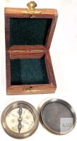 Brass Nautical Pocket Compass with Anchor Inlaid Wooden Box, 2" Diameter, Antique Finish