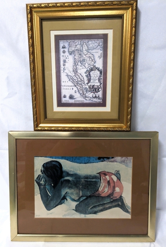Vintage Framed & Matted Print of "Otahi" by Gauguin, and Framed & Matted Print of an Antique Map of Siam.