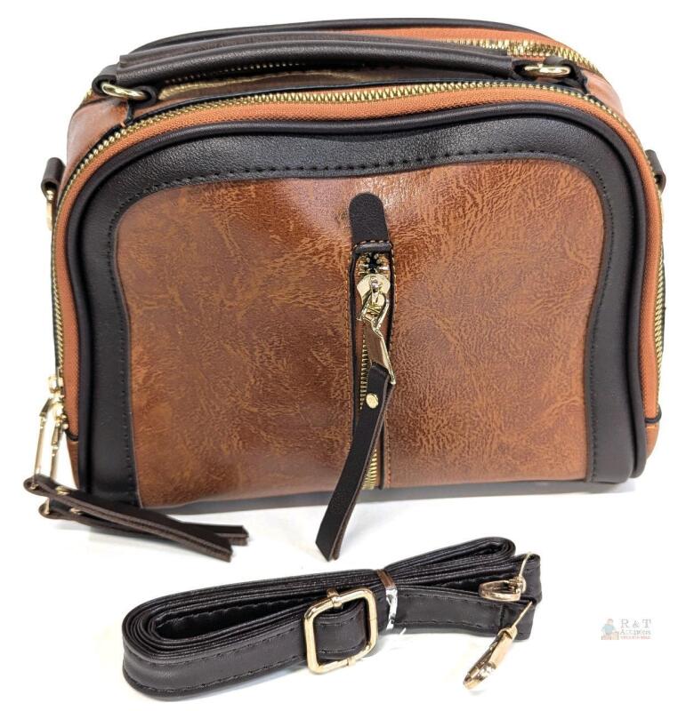 Brown Faux Leather Shoulder/Crossbody Bag, Top Handle, Gold-tone Hardware, 9"x8"x4", Multi-Pocket
