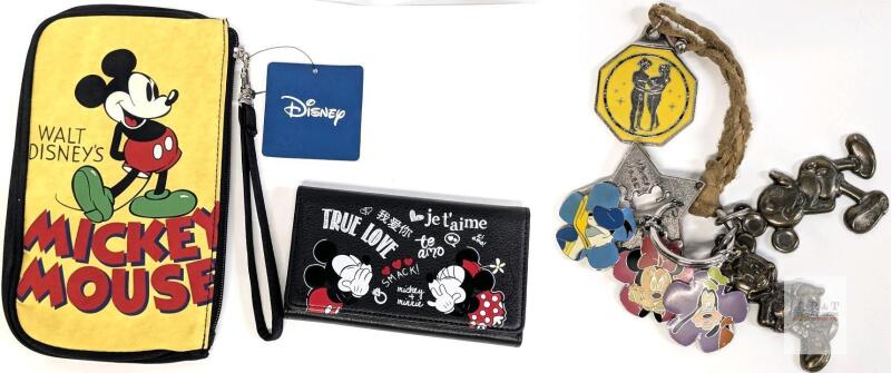 Disney Mickey Mouse Wallet w/ Phone Holder, Yellow Zippered Pouch, & Character Keychain Set