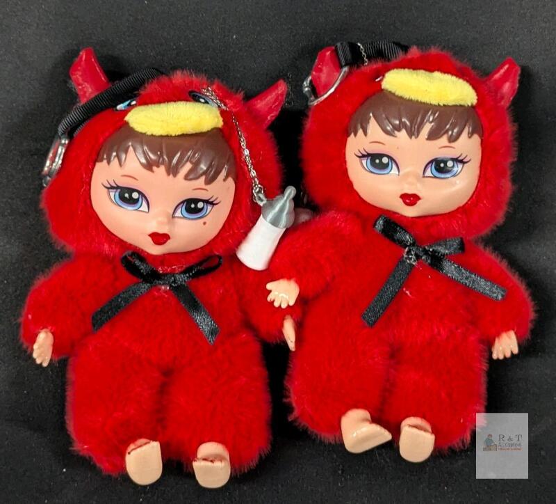 2 New Collectable Keychain Dolls in Red Devil Duck Costumes + Bottle Charm Bracelets, Articulated Joints