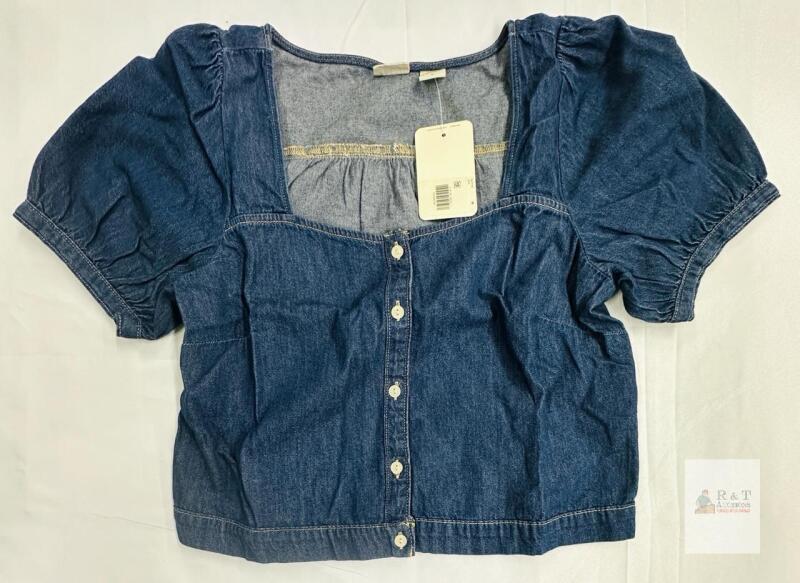 NEW Levi's Medium Cropped Button-Up Denim Blouse, Short Puff Sleeve, Blue, Made in Bangladesh