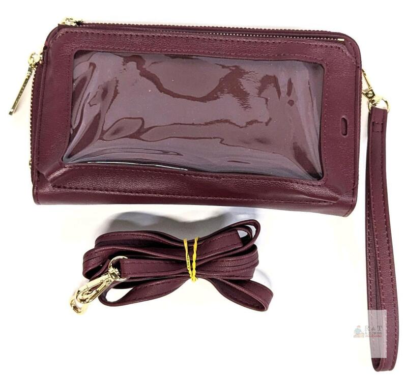 Burgundy Convertible Wristlet Wallet with Phone Window, Zip Compartments, Detachable Straps