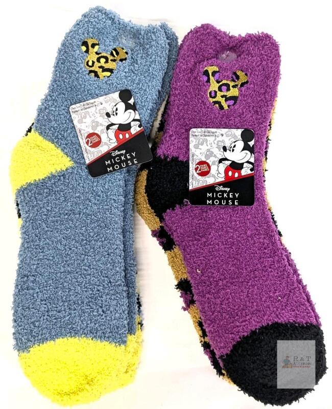 Disney Mickey Mouse Leopard Print Fuzzy Crew Socks, 2 Pairs, Women's Size 4-10, Blue Purple Yellow