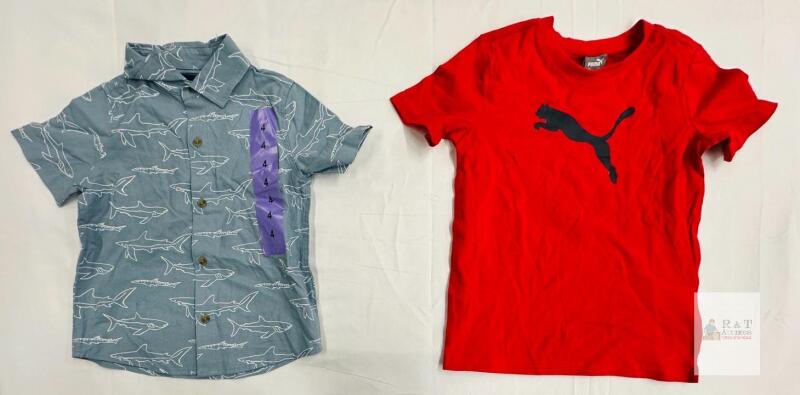 NEW PUMA Kids' Red Logo T-Shirt Size 6 & ANDY & EVAN Shark Print Button-Up Shirt Size 4 Bundle