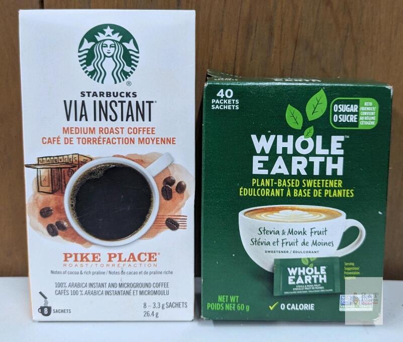 (EXP 09/25)Whole Earth Stevia & Monk Fruit 40 Packets, (BB 11/25) Starbucks VIA Pike Place Instant Coffee 8 Packets