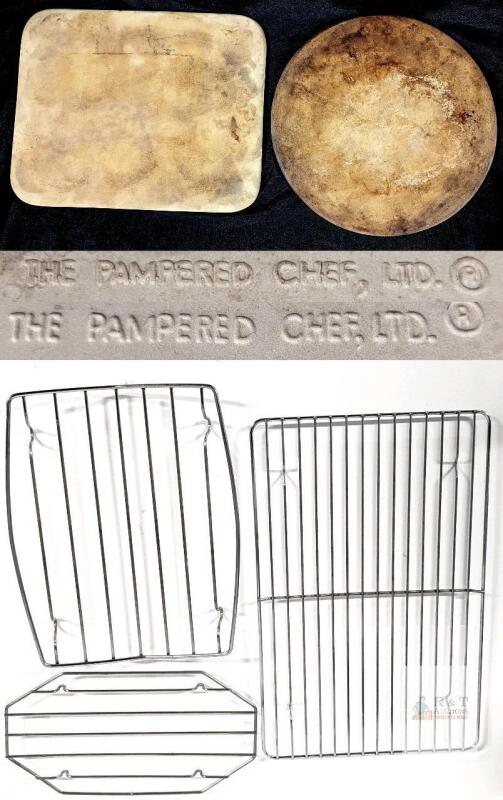 Pampered Chef Family Heritage 15" Pizza Stone & 15x13" Rectangular Stoneware w/ Racks USA