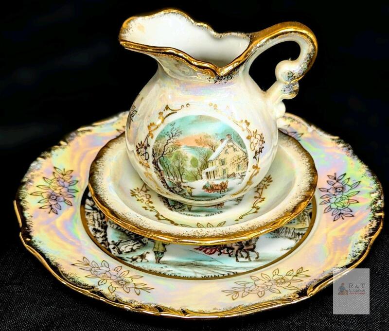 Currier & Ives "Winter" Japanese Lusterware 3-Piece Porcelain Set, Gold Trim, Collectible