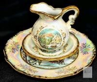 Currier & Ives "Winter" Japanese Lusterware 3-Piece Porcelain Set, Gold Trim, Collectible