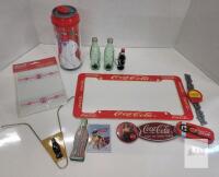 Coca-Cola Collectibles Lot: License Plate Frame, Bottle Shakers, Polar Bear Tumbler, Keychain, More
